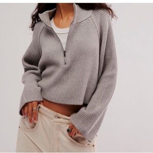 Free People Greta Half Zip Sweater Gray Ribbed Pullover Women’s X  Cozy
